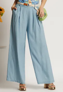 Pantaloni bleu din lyocell cu croi lejer si curea in talie imagine