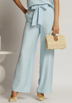Pantaloni bleu din rayon cu croi lejer si cordon in talie imagine