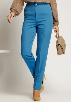Pantaloni bleu din stofa cu croi conic si nasture perlat imagine