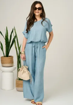 Pantaloni bleu din viscoza cu croi lejer si elastic in talie. imagine