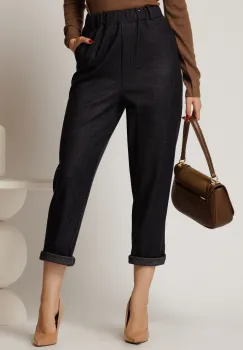 Pantaloni bleumarin casual cu imprimeu si elastic la talie imagine