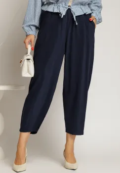 Pantaloni bleumarin de zi din tencel cu snur si elastic pe talie imagine