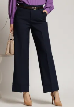 Pantaloni bleumarin din stofa cu croi larg si curea in talie imagine