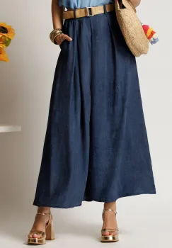 Pantaloni bleumarin din viscoza tip fusta cu buzunare si cordon in talie imagine