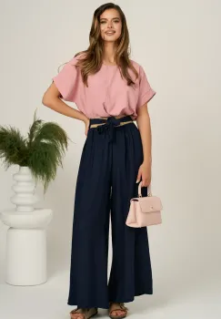 Pantaloni bleumarin evazati din viscoza cu elastic si cordon in talie imagine