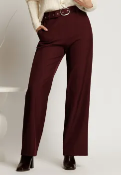 Pantaloni bordo din stofa cu croi drept si curea in talie imagine