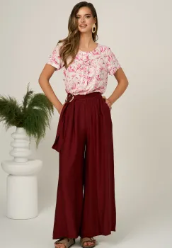 Pantaloni bordo din viscoza evazati cu catarama in talie imagine