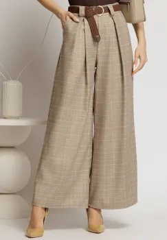 Pantaloni casual bej croi larg si curea in talie imagine