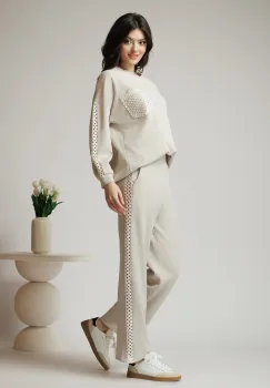 Pantaloni casual din bumbac bej cu dantela pe laterale imagine