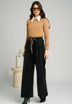 Pantaloni casual din catifea negri cu snur in talie imagine