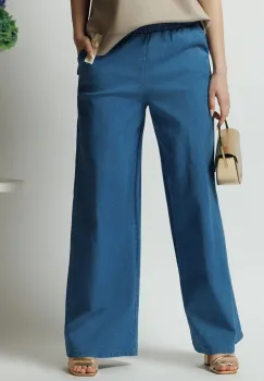 Pantaloni casual din denim albastri evazati cu elastic in talie imagine