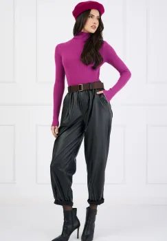 Pantaloni casual din piele ecologica negri cu buzunare si curea in talie imagine