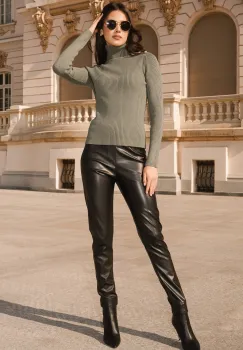 Pantaloni casual din piele ecologica negri cu croi mulat imagine