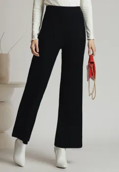 Pantaloni casual din tricot reiat negri evazati cu elastic in talie imagine