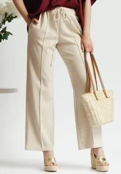 Pantaloni casual din viscoza bej cu elastic si dunga imagine