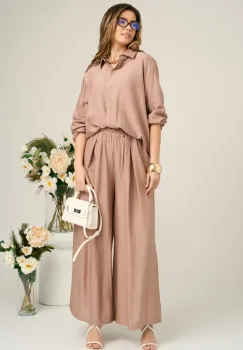 Pantaloni casual din viscoza maro evazati imagine