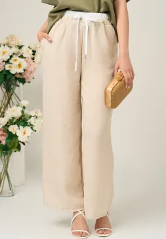 Pantaloni casual vaporosi bej cu banda alba si elastic in talie imagine