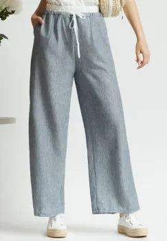 Pantaloni casual vaporosi bleu cu banda alba si elastic in talie imagine