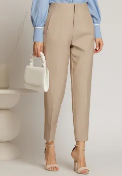 Pantaloni dama bej cu croi conic si pense pe talie imagine