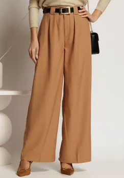 Pantaloni dama camel cu croi larg si pense din talie imagine