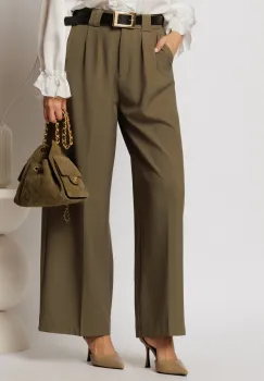 Pantaloni dama kaki cu croi larg si pense din talie imagine