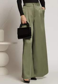Pantaloni dama kaki din satin cu croi larg imagine