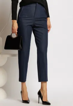 Pantaloni denim bleumarin cu croi conic si talie inalta imagine