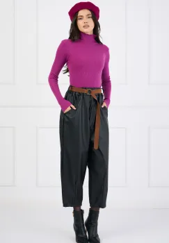 Pantaloni din piele ecologica negri cu buzunare si curea in talie imagine