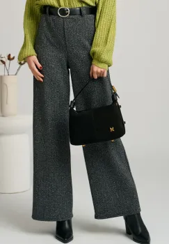 Pantaloni din tweed gri cu fir lurex si curea in talie imagine