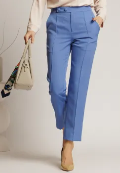 Pantaloni DY Fashion albastri conici din stofa cu nasturi imbracati imagine