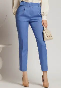 Pantaloni DY Fashion albastri cu croi conic si curea in talie imagine