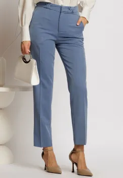 Pantaloni DY Fashion albastri cu croi conic si impletituri la talie imagine