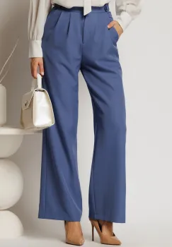 Pantaloni DY Fashion albastri cu croi larg si pliuri din talie imagine