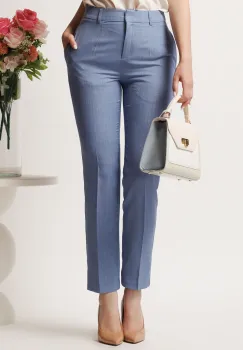 Pantaloni DY Fashion albastri din stofa conici cu dunga si buzunare imagine