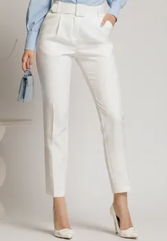 Pantaloni DY Fashion albi cu croi conic si curea in talie imagine