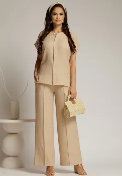 Pantaloni DY Fashion bej cu croi lejer din material vaporos imagine