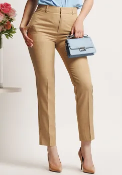 Pantaloni DY Fashion bej din stofa conici cu dunga si buzunare imagine