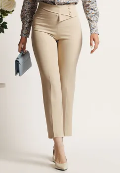 Pantaloni DY Fashion bej din stofa conici cu talie inalta si betelie petrecuta imagine