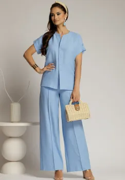 Pantaloni DY Fashion bleu cu croi lejer din material vaporos imagine