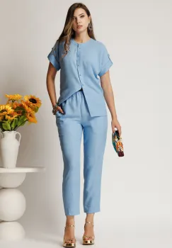 Pantaloni DY Fashion bleu din material vaporos cu elastic in talie si buzunare imagine