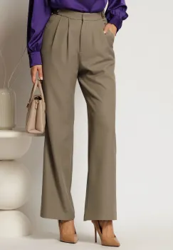 Pantaloni DY Fashion kaki cu croi larg si pliuri din talie imagine