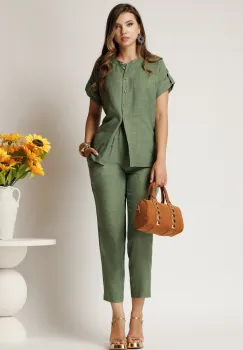 Pantaloni DY Fashion kaki din material vaporos cu elastic in talie si buzunare imagine