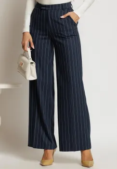 Pantaloni DY Fashion lungi bleumarin cu dungi din stofa si croi lejer imagine