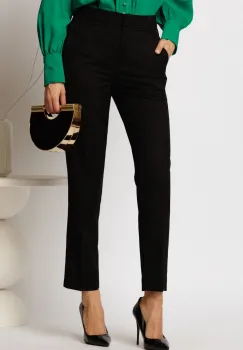 Pantaloni DY Fashion negri cu croi conic si impletituri la talie imagine