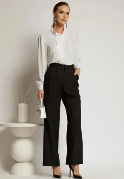 Pantaloni DY Fashion negri cu croi larg si pliuri din talie imagine