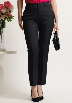 Pantaloni DY Fashion negri din stofa conici cu dunga si buzunare imagine