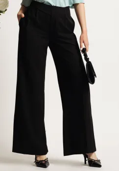 Pantaloni DY Fashion negri din stofa evazati cu betlie pe o parte imagine