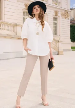 Pantaloni DY Fashion office din stofa bej cu buzunare imagine