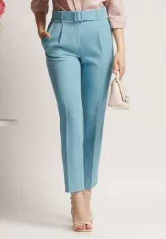 Pantaloni DY Fashion office din stofa bleu cu buzunare si curea in talie imagine