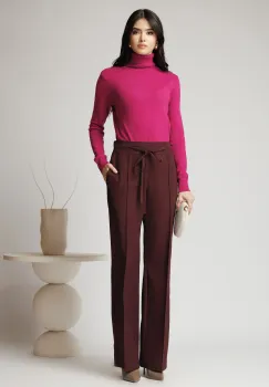 Pantaloni DY Fashion office din stofa bordo cu snur in talie imagine